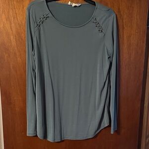 Pink Republic Women’s Long Sleeve Scoop Neck Top with Shoulder Lace-Up - Teal